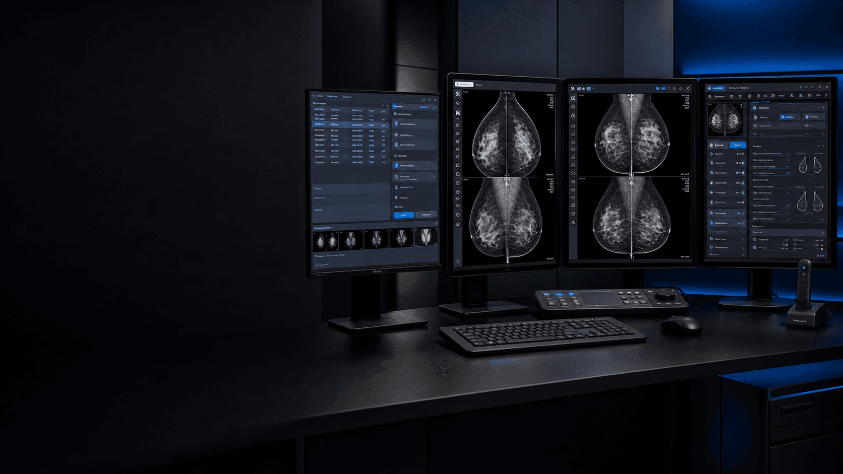 Estación clínica de mamografía con visualización de estudios y flujo de trabajo BrAIn