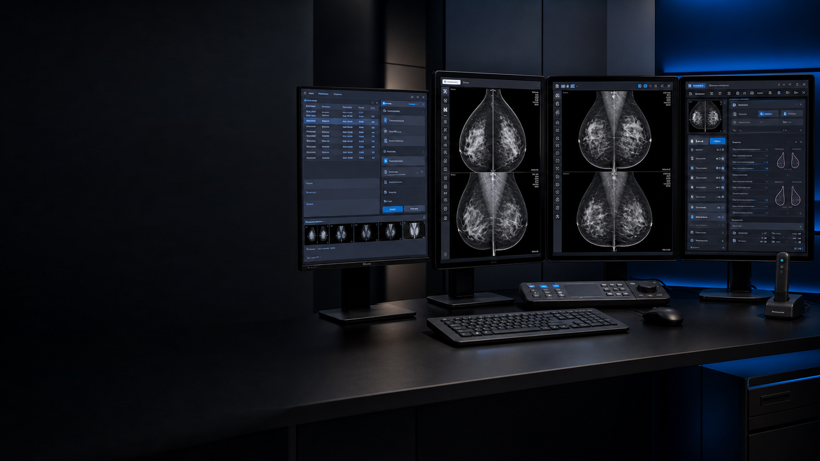 Estación clínica de mamografía con visualización de estudios y flujo de trabajo BrAIn